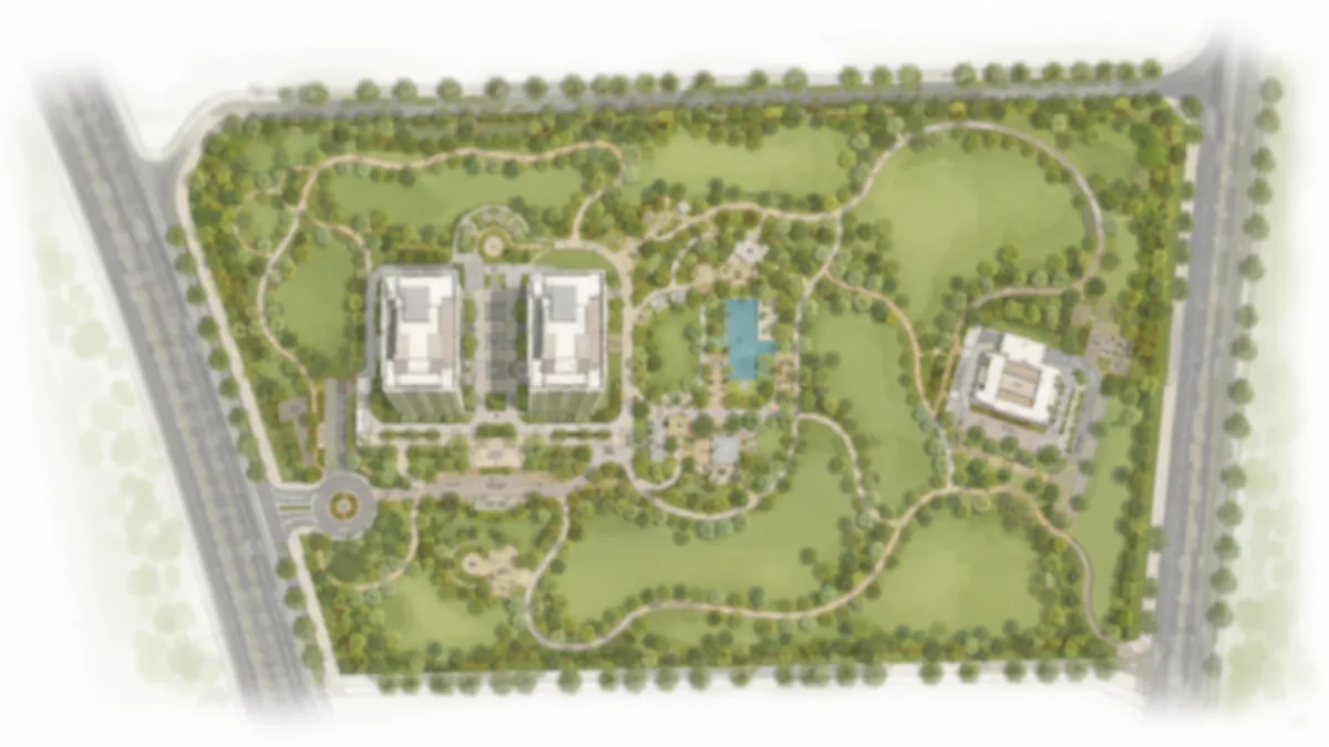 Brigade Banashankari master plan showing the two tower footprints, the separate clubhouse block and the landscaped ground plane across 9 acres 1 gunta